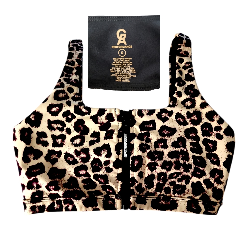Good American Leopard Zip-Front Sports Bra in Cream, Black & Brown